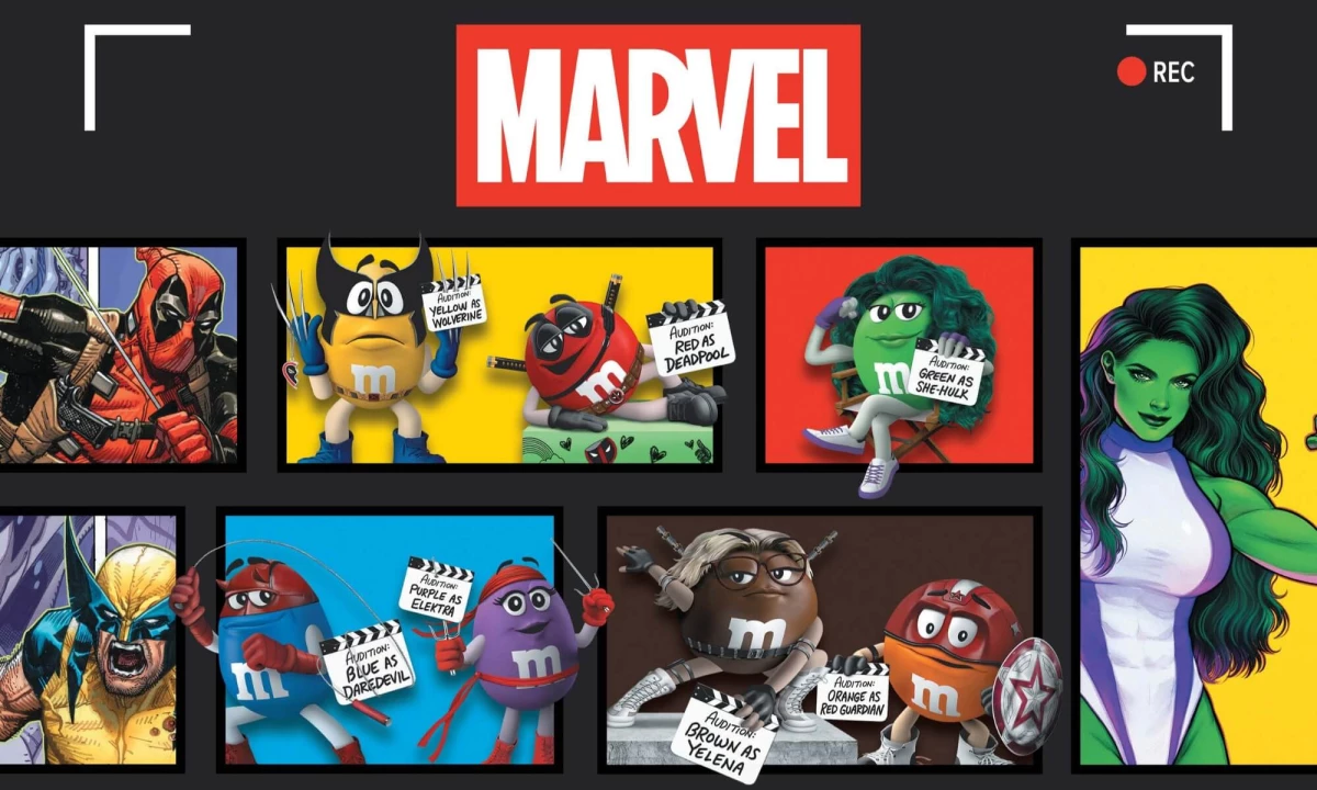 Peanut M&M'S Spokescandies dressed up as Deadpool, Wolverine, Daredevil, Elektra, and She-Hulk in a comic strip