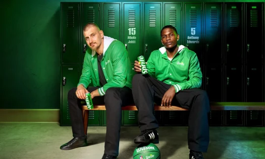 Nikola Jokić and Anthony Edwards donning Sprite-branded merch