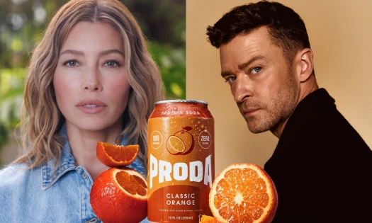 Headshot of Jessica Biel and Justin Timberlake with PRODA Classic Orange soda overlaid.