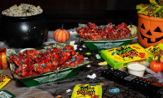 Wingstop x SOUR PATCH KIDS Wicked Punch wings surrounded by Halloween decorations.