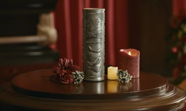 A Pringles can-shaped urn on a table with a candle