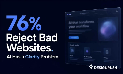A dark blue graphic reading "76% Reject Bad Websites. AI Has a Clarity Problem." alongside a floating digital interface mockup and the DesignRush logo.