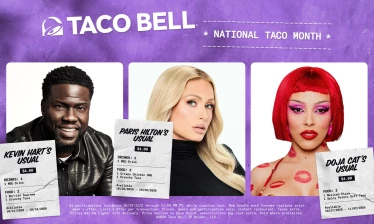 Portraits of Kevin Hart, Paris Hilton, and Doja Cat alongside receipts of their go-to Taco Bell orders