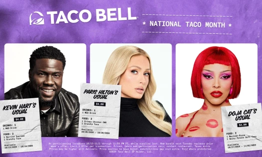 Portraits of Kevin Hart, Paris Hilton, and Doja Cat alongside receipts of their go-to Taco Bell orders