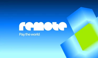 Remote's new logo with tagline "Pay the world" on a blue gradient background with a geometric shape.