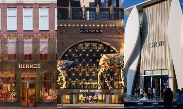 A collage showing Louis Vuitton, Hermes, and Dior storefronts