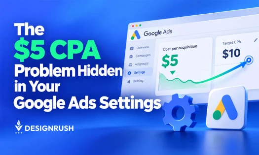 Graphic featuring the headline "The $5 CPA Problem Hidden in Your Google Ads Settings" alongside a digital Google Ads dashboard displaying a $5 Cost per acquisition versus a $10 Target CPA, created by DesignRush.