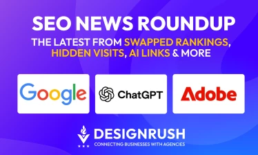 SEO News Roundup on a purple background with Google, OpenAI, and Adobe logos, covering rank trackers, ChatGPT tracking, and AI links.
