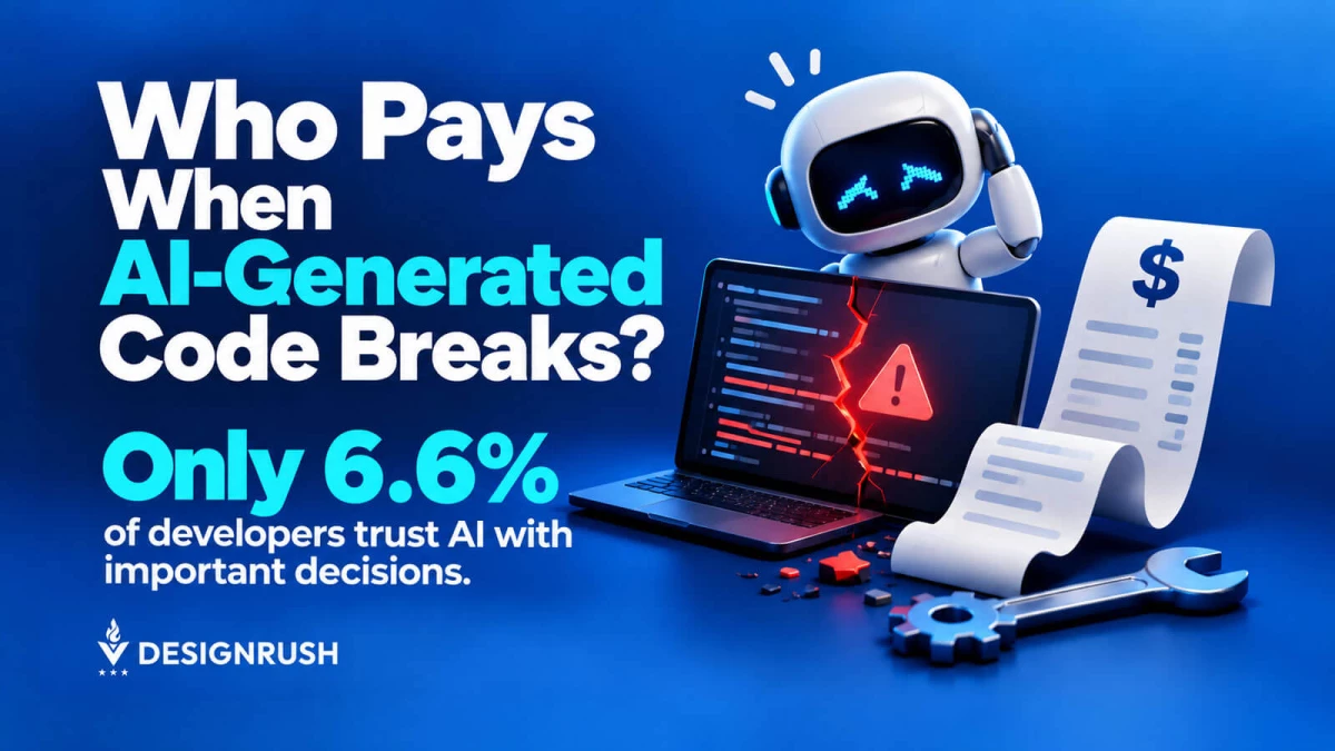 Graphic featuring the headline "Who Pays When AI-Generated Code Breaks?" and the statistic "Only 6.6% of developers trust AI with important decisions," alongside a stressed robot behind a cracked laptop displaying an error code, a long receipt marked with
