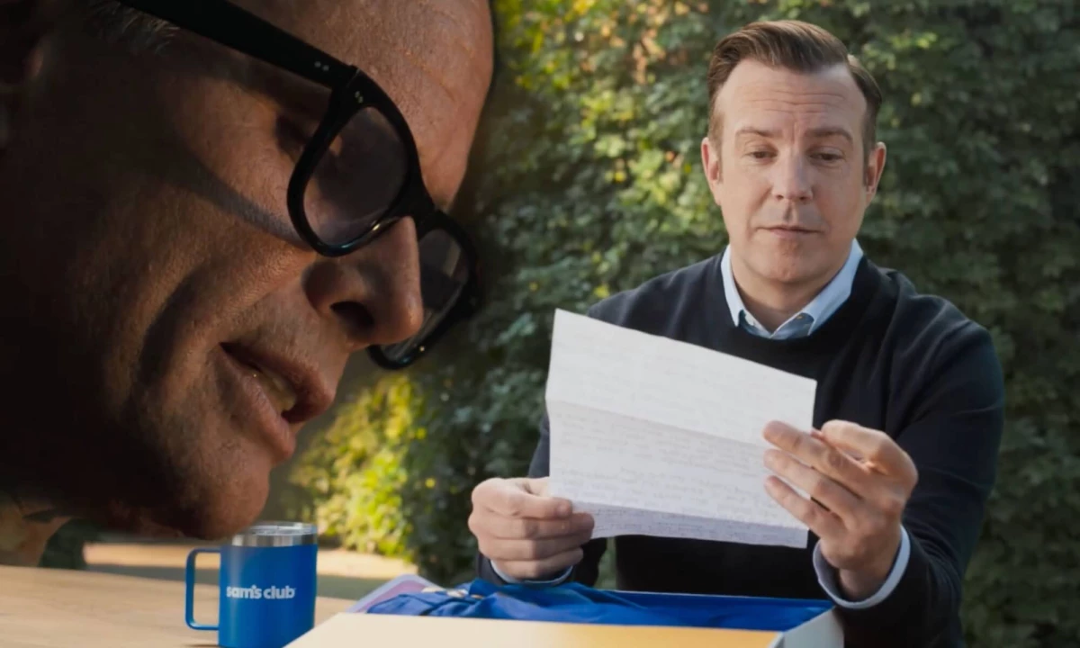 Walton Goggins' face as he pens a letter with Jason Sudeikis reading the letter