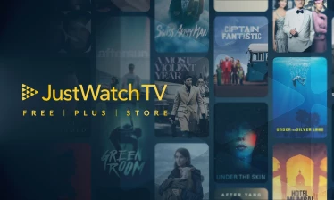 Movie and TV catalog with JustWatch TV logo and package options overlaid.