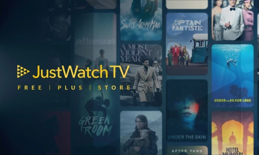Movie and TV catalog with JustWatch TV logo and package options overlaid.