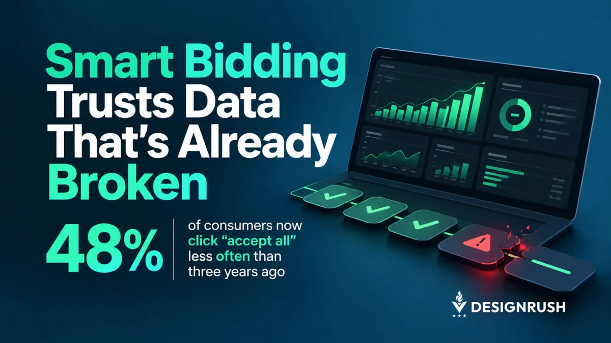 Laptop showing a dashboard of green charts, with a row of green checkmark tiles ending in a cracked red warning tile. Headline reads “Smart Bidding Trusts Data That’s Already Broken,” with a callout that 48% of consumers now click “accept all” less often