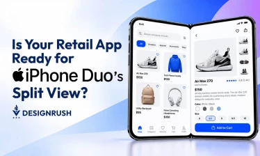 Graphic featuring the headline "Is Your Retail App Ready for iPhone Duo's Split View?" alongside a dual-screen foldable iPhone displaying a shopping app with product listings on the left screen and a detailed product page on the right, created by DesignRu