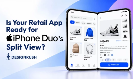 Graphic featuring the headline "Is Your Retail App Ready for iPhone Duo's Split View?" alongside a dual-screen foldable iPhone displaying a shopping app with product listings on the left screen and a detailed product page on the right, created by DesignRu