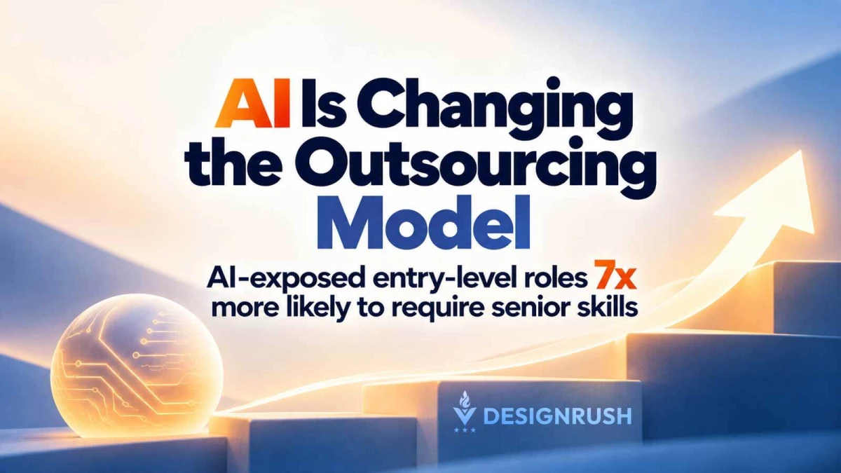 Graphic featuring the headline "AI Is Changing the Outsourcing Model" and the statistic "AI-exposed entry-level roles 7x more likely to require senior skills," alongside a glowing digital orb and an ascending staircase arrow.