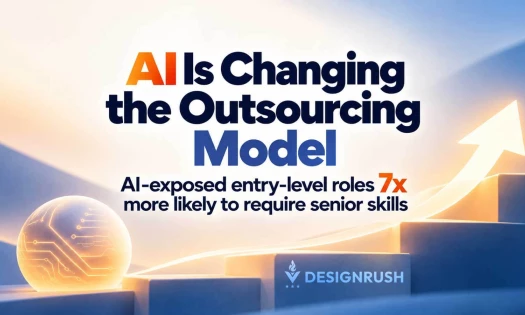 Graphic featuring the headline "AI Is Changing the Outsourcing Model" and the statistic "AI-exposed entry-level roles 7x more likely to require senior skills," alongside a glowing digital orb and an ascending staircase arrow.