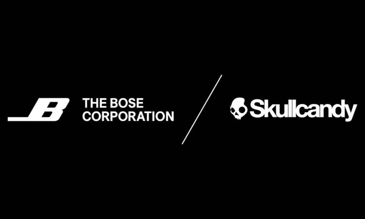 The Bose Corporation and Skullcandy white logo on a black background.