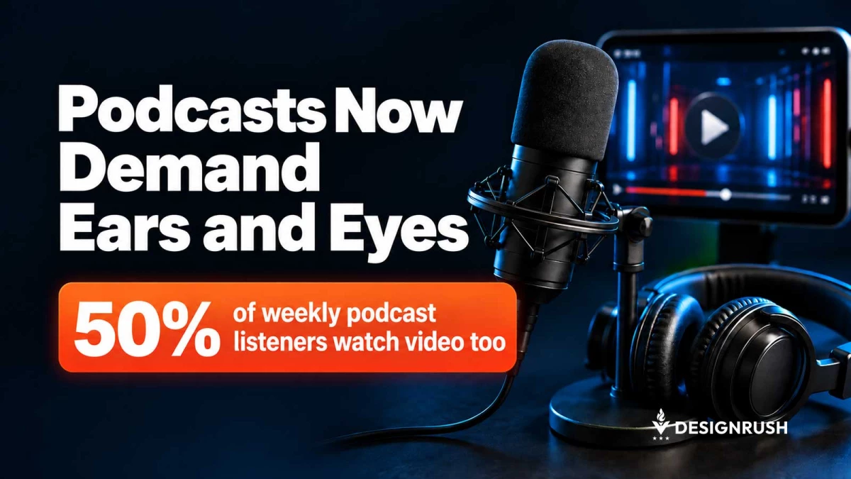 Studio microphone with headphones and a tablet playing video in the background, under the headline “Podcasts Now Demand Ears and Eyes” and an orange callout reading “50% of weekly podcast listeners watch video too,” with the DesignRush logo in the bottom