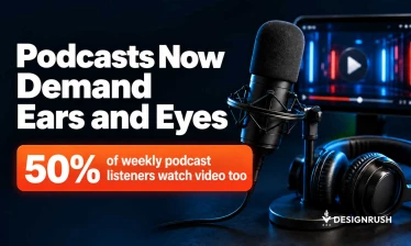 Studio microphone with headphones and a tablet playing video in the background, under the headline “Podcasts Now Demand Ears and Eyes” and an orange callout reading “50% of weekly podcast listeners watch video too,” with the DesignRush logo in the bottom