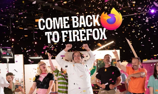 Numa Numa Guy, Bad Luck Brian, Overly Attached Girlfriend, Annoying Orange celebrating "Come Back to Firefox."
