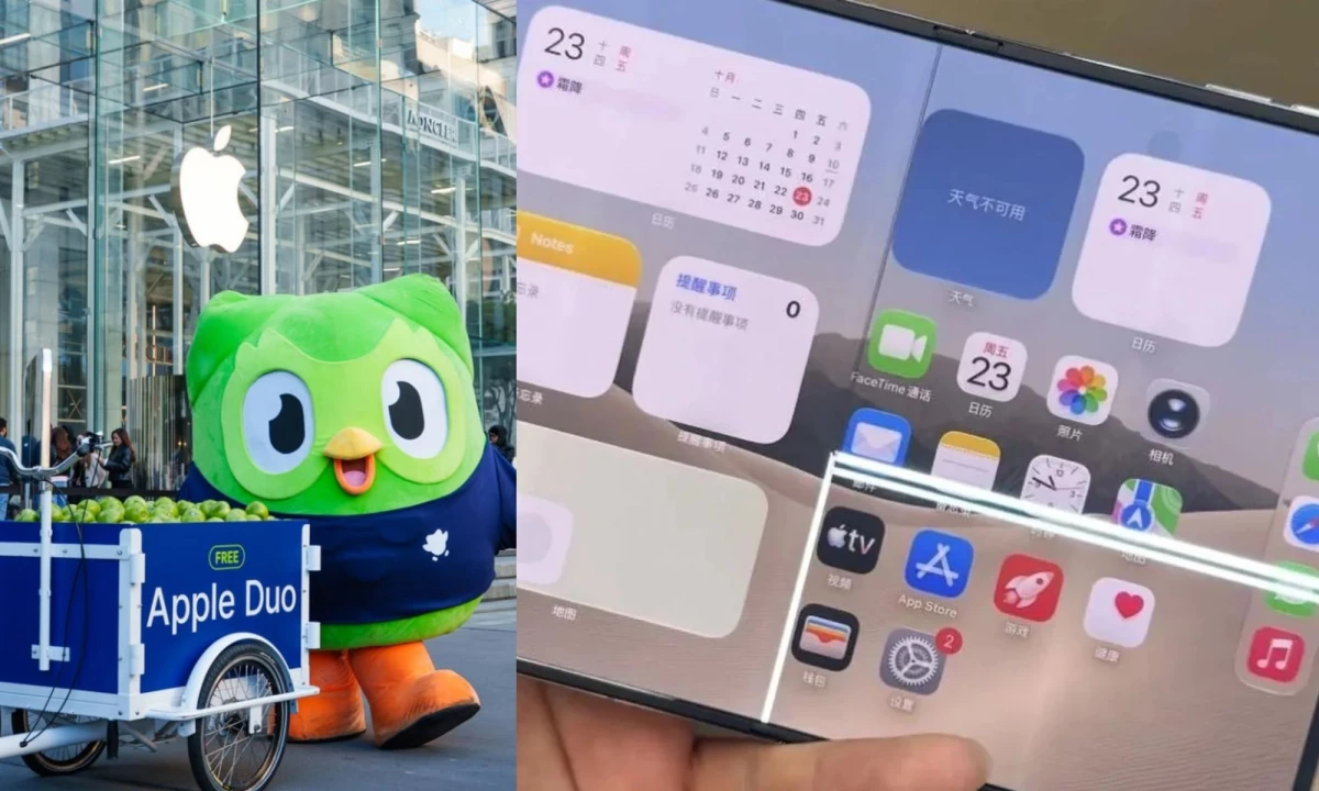 Duo mascot with an apple cart outside the Apple office, alongside a cracked iPhone Duo.