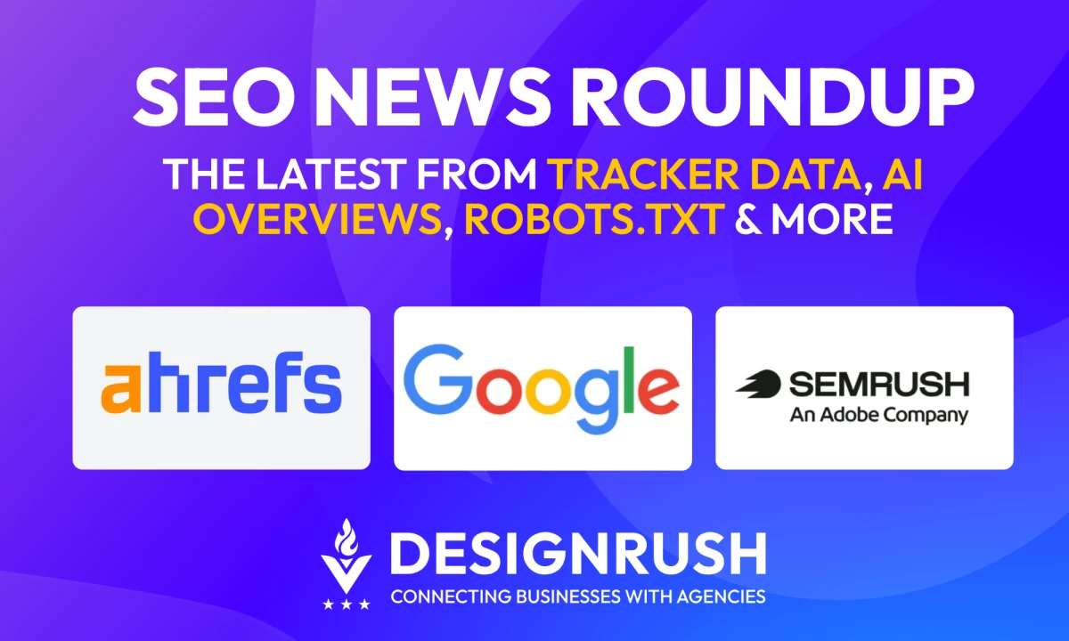 SEO News Roundup featuring Google, Ahrefs, and Semrush logos on a purple background.