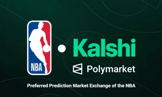 NBA, Kalshi, and Polymarket logos on a basketball court background with the caption: "Preferred Prediction Market Exchange of the NBA"