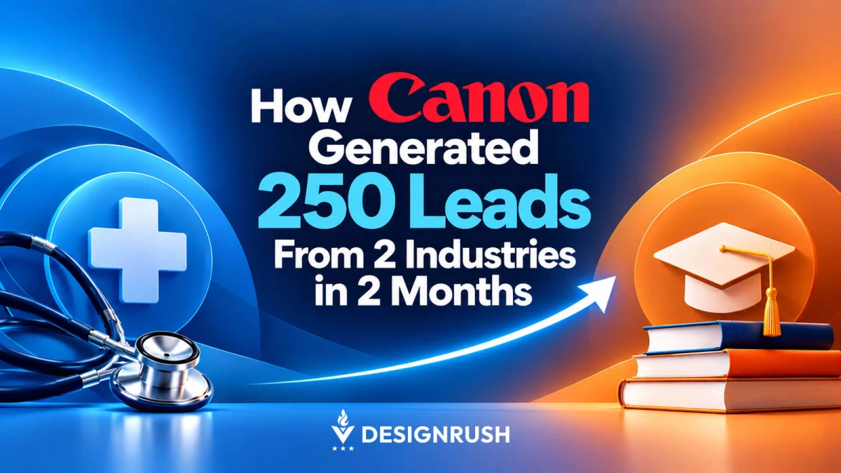 Graphic featuring the headline "How Canon Generated 250 Leads From 2 Industries in 2 Months" alongside healthcare icons on the left and education icons on the right, created by DesignRush.