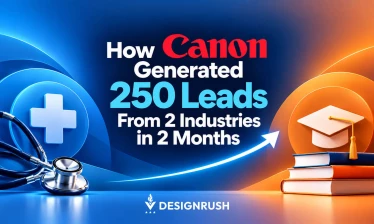Graphic featuring the headline "How Canon Generated 250 Leads From 2 Industries in 2 Months" alongside healthcare icons on the left and education icons on the right, created by DesignRush.