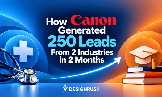 Graphic featuring the headline "How Canon Generated 250 Leads From 2 Industries in 2 Months" alongside healthcare icons on the left and education icons on the right, created by DesignRush.