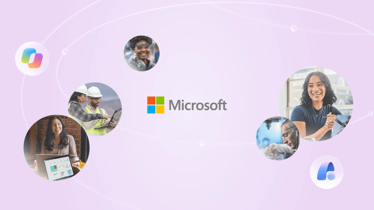 The Microsoft logo surrounded by people in different jobs