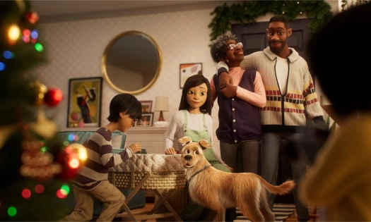 Animated family gathered around baby crib during Christmas