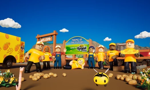 Roblox characters in yellow shirts standing in front of McCain Farms of the Future