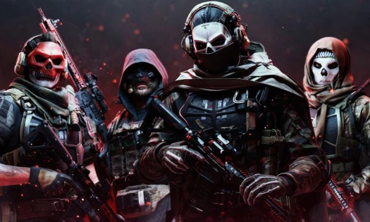 Four Call of Duty: Modern Warfare II characters with guns and skull-like masks.