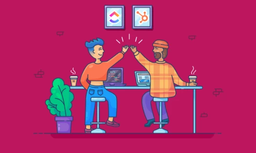 Two cartoony characters, one from ClickUp, and the other one from HubSpot, high-fiving each other.