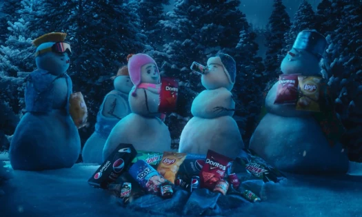 A scene from the “Melt for you” ad showing snow people with their bounty of Frito-Lay and PepsiCo products