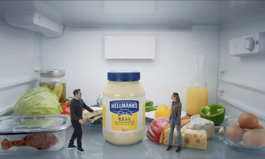 A miniature Jon Hamm and Brie Larson standing in fridge next to a giant jar of Hellmann's mayonnaise