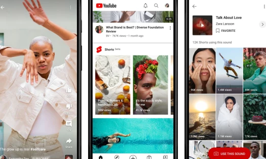 YouTube Shorts content previewed on three smartphone screens