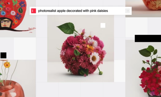 Typeface AI-generated content promo of "photorealist apple decorated with pink daisies"