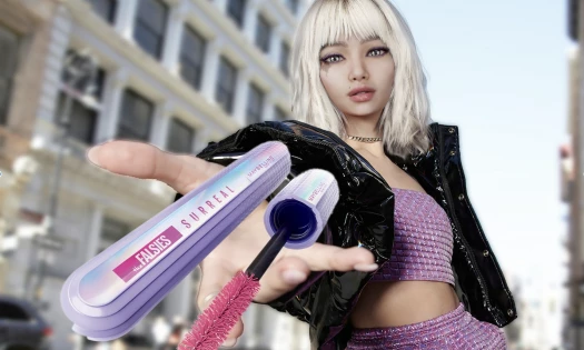 Digital avatar May reaches to screen with pink and purple Maybelline Falsies Surreal Extensions Mascara