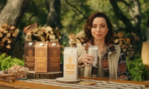 Aubrey Plaza in the woods holding a glass of "Wood Milk"