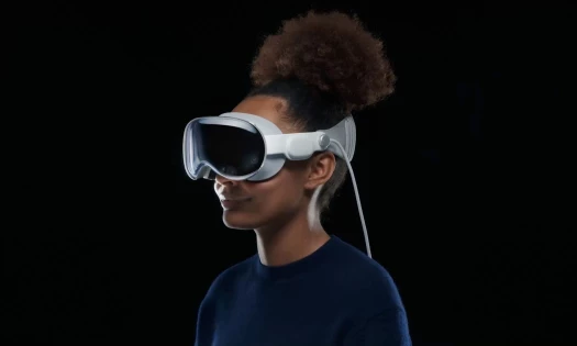 Woman wearing Apple Vision Pro headset