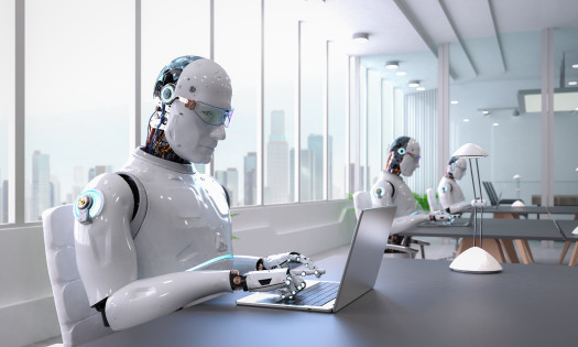 Artificial intelligence robot working on laptop