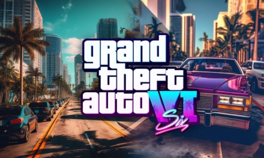 Cartoon image of the Grand Theft Auto universe with the Grand Theft Auto VI logo in the middle