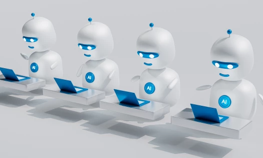 A digital image of a team of AI chatbots working on laptops