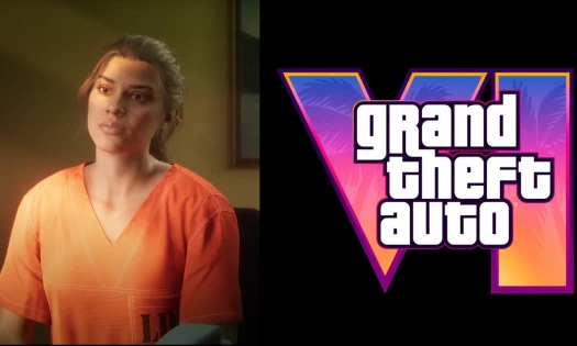 Side-by-side images of a still from the new GTA 6 trailer and the GTA VI logo