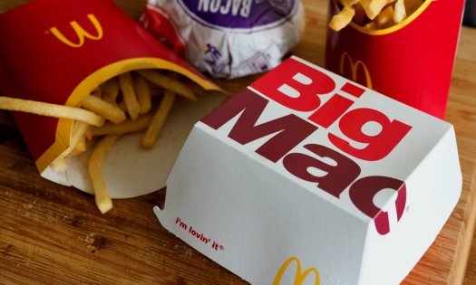 Close up image of a McDonald's Big Mac and fries in their packaging