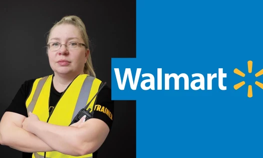 Side-by-side image of Gail Lewis dresses in her Walmart uniform and the Walmart logo