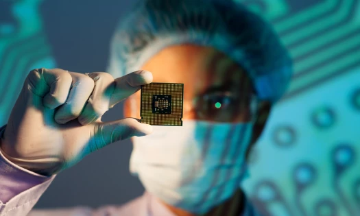 Photograph of scientist holding a semiconductor chip, which is the main focus of the image